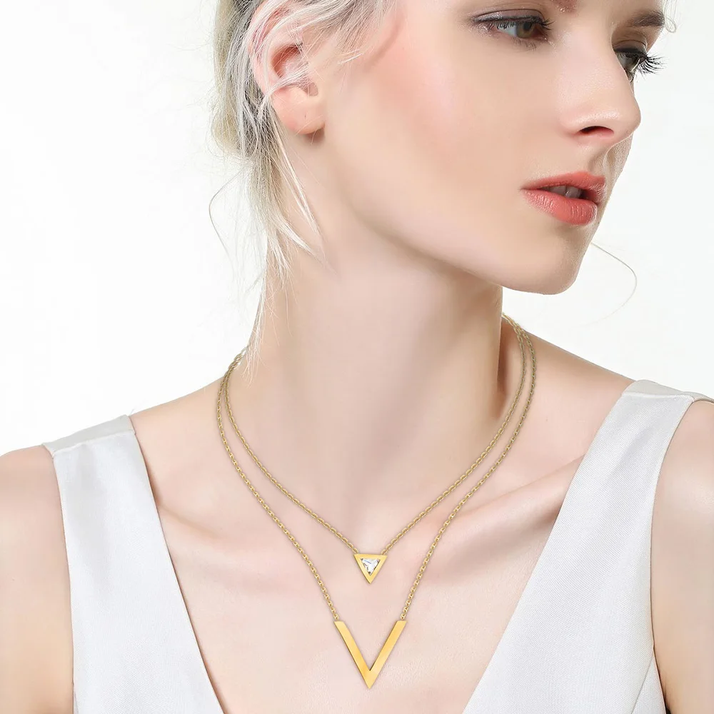 Gold-Color Double V Shape 316L Stainless steel Necklace For Women Geometric Triange Cubic Zirconia Pendant & Necklace - Image 2