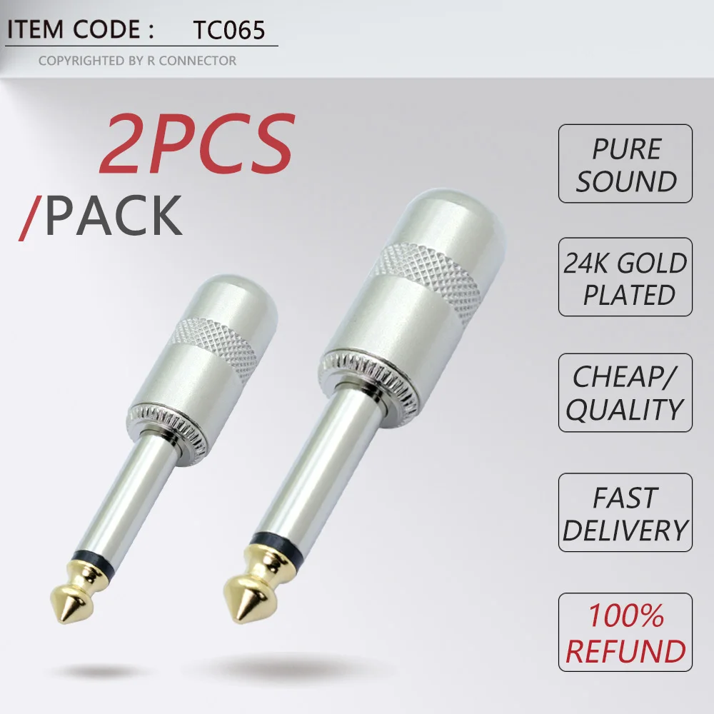 2PCS 1/4 Inch Male Plug 6.35mm Jack Mono/Stereo Connector Gold Plated Guitar Effects Pedal Microphone Plug Connector