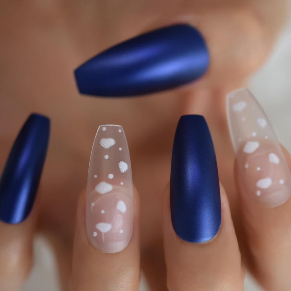 White Sky Cloud Dark Royal Blue Coffin Nails Extra Long Matte Press on Ballerina Frosted False Fake Finger Party nails 24pcs/set