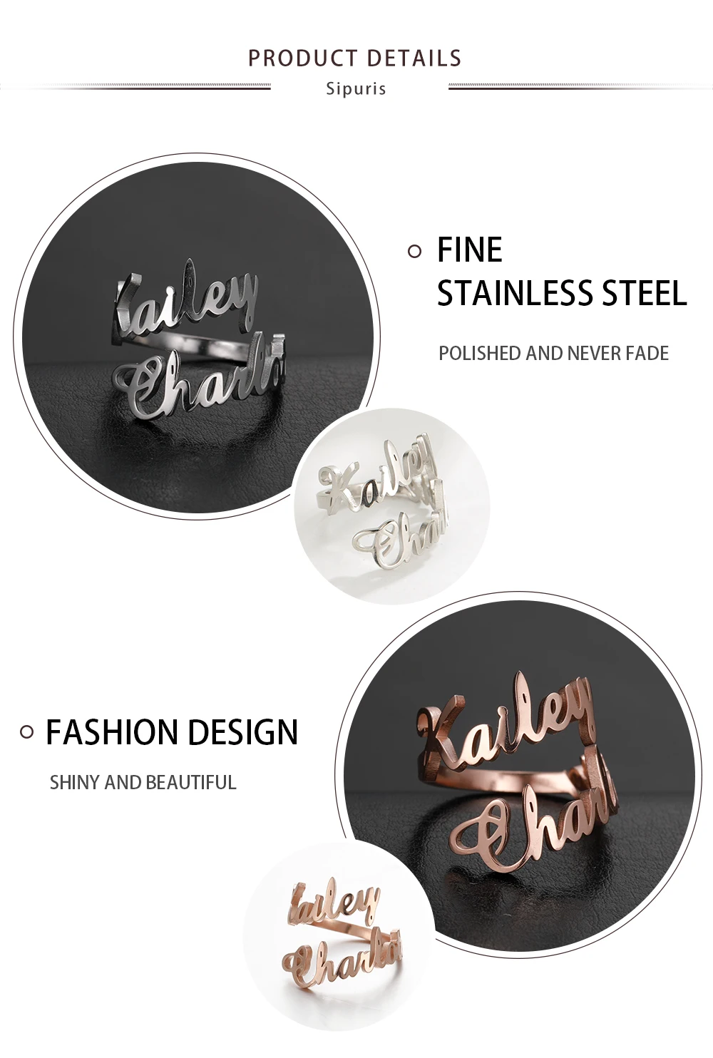 Sipuris Doppel-Namensring Personalisierter Namensring aus Edelstahl Zwei Namen Verstellbarer Personalisierter Damenring Einzigartiger Schmuck – Detail 8
