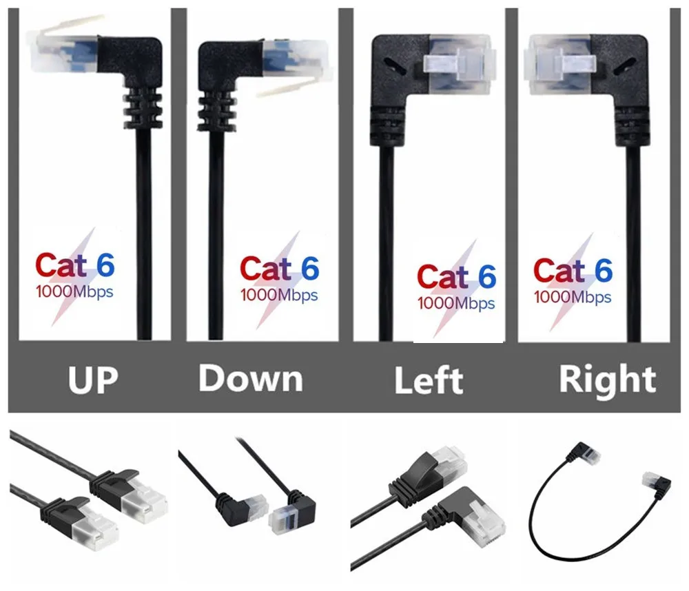 Ultra Slim Cat6 Ethernet RJ45 Left Right UPAngle UTP Network Cable Patch Cord 90 Degree 1000Mbps Cables for Laptop Router TV BOX