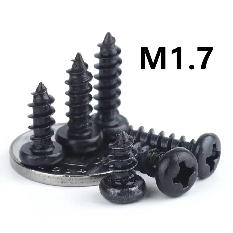 

1000pcs/lot M1.7x4/5/6/8/10/12mm GB845 PA Carbon steel black cross round head self-tapping screw