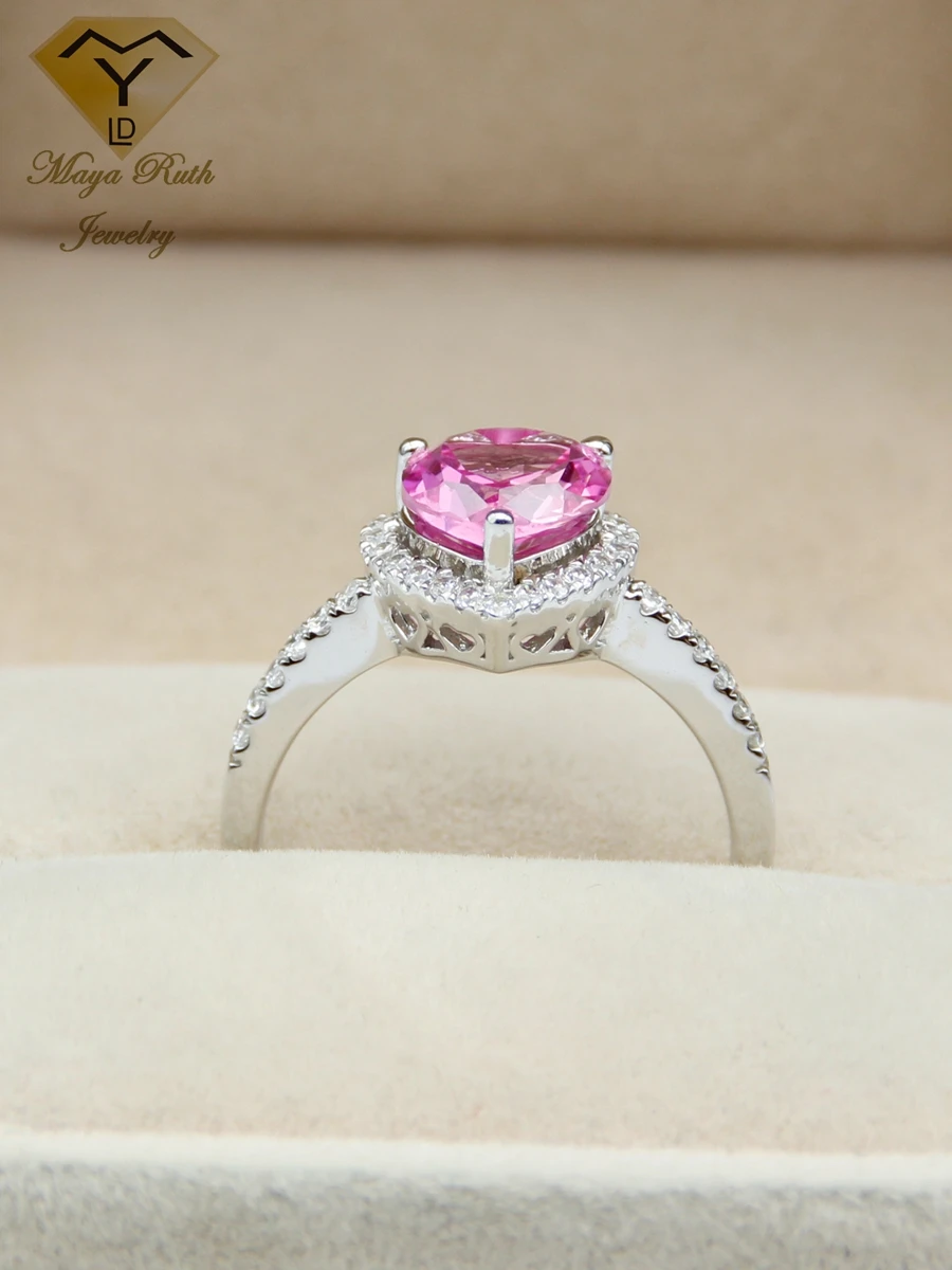 Created Pink Sapphire Real 925 Sterling Silver Party Ring For Women Imitation Gemstone Heart Shape Female Love Aesthetic Gifts
