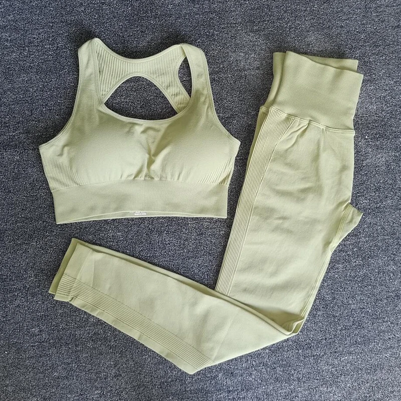 Set Gym Mulus Setelan Olahraga Kebugaran Pakaian Wanita Legging Pinggang Tinggi Bra Olahraga Lari Atletik Set Pakaian Yoga