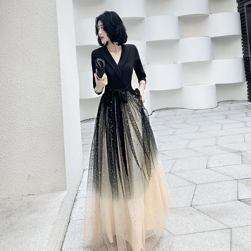 Black Fantasy Starry Gradient Female Qiapo Temperament Cheongsam Elegant Evening Party Dress Banquet Robe De Soiree Vestidos