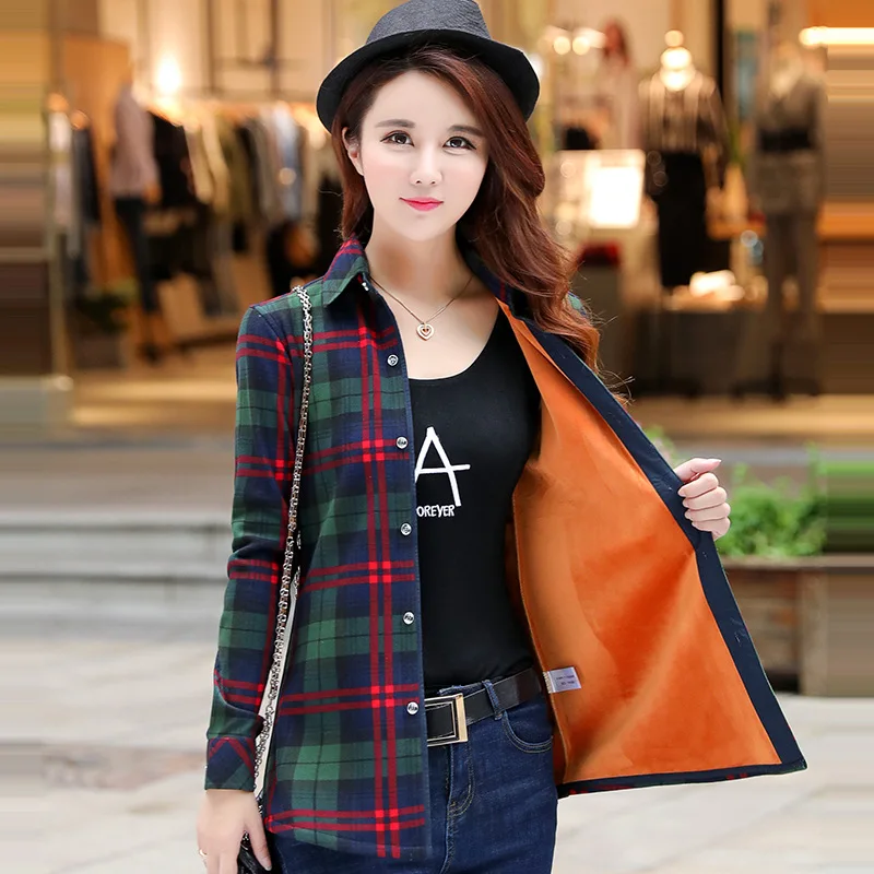 Velvet Thicken Warm Women\'s Plaid Shirt Female Long Sleeve Tops M-XXL Winter Fleece Casual Blouse Autumn Clothes T17405X