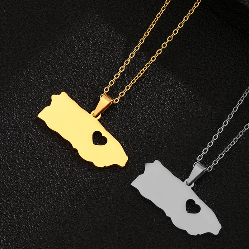 Heart Puerto Rico Map Pendant Necklaces Stainless Steel Gold/Steel Color Puerto Ricans Ethnic Maps Jewelry For Men Women Gifts