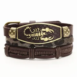 Alloy Scorpion Charm Braided Leopard Genuine Men Leather Bracelets For Women Wrap Wristbands Bangles Homme Wholesale Jewel