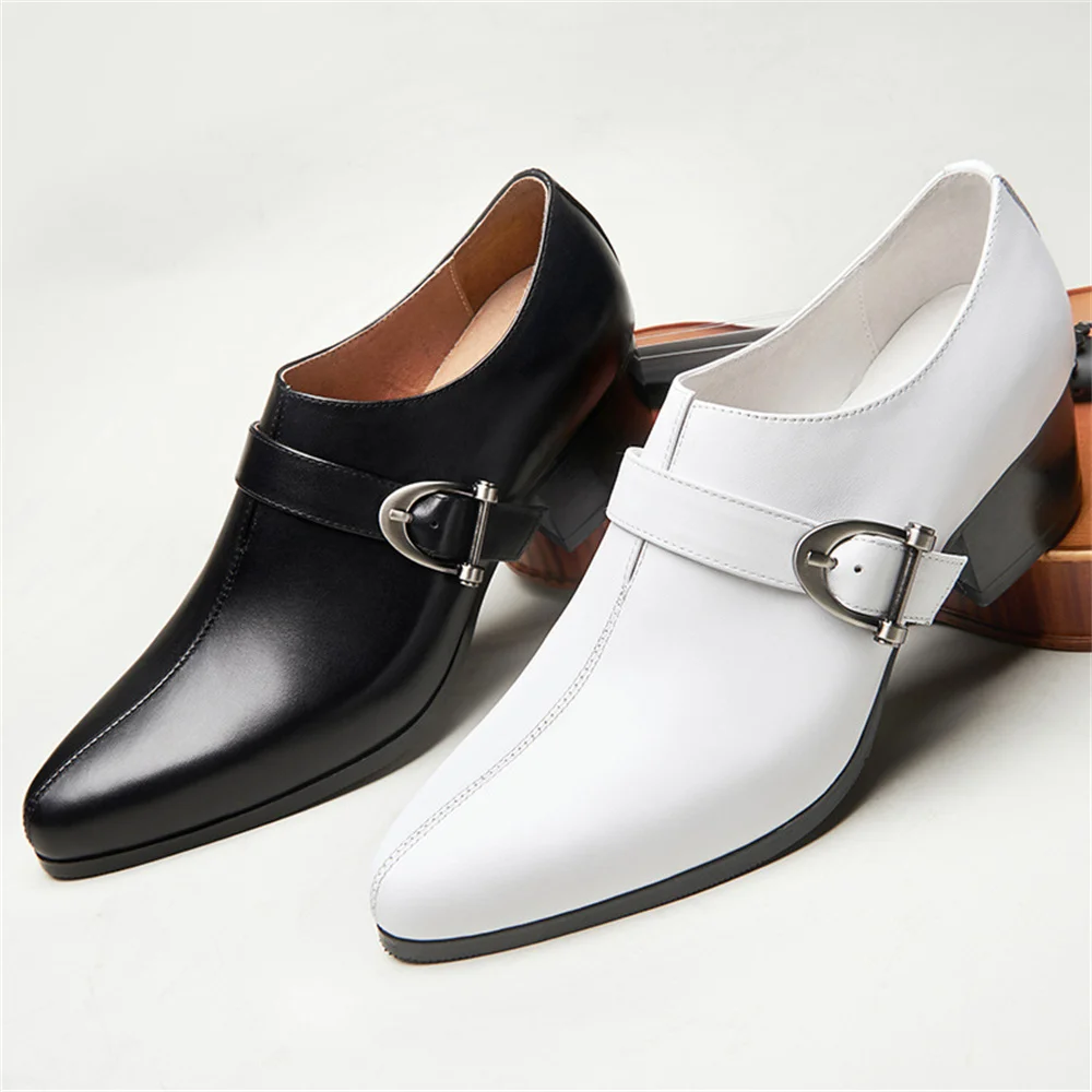 Luxury Buckle Genuine Leather Dress Shoes For Men Pointed Toe High Heels Business Office Work White Size 37-44