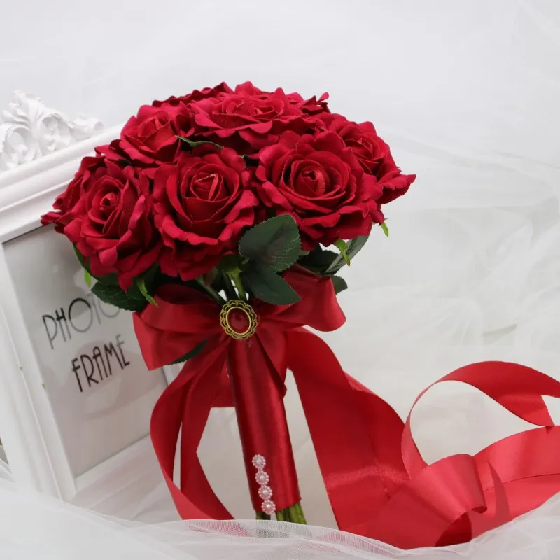 Cheap Burgundy Roses Bouquet Red Round Bouquet of roses with real touch Ribbon Handle with Bow Ceremonie laique mariage