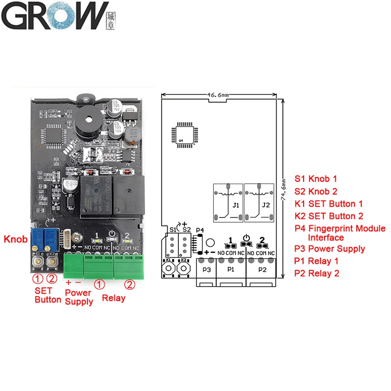 GROW K220 + R503 DC10-24V dwa wyjścia przekaźnikowe z płytką kontroli dostępu za pomocą linii papilarnych administratora/użytkownika 0.5s-60s-normalnie otwarty przekaźnik