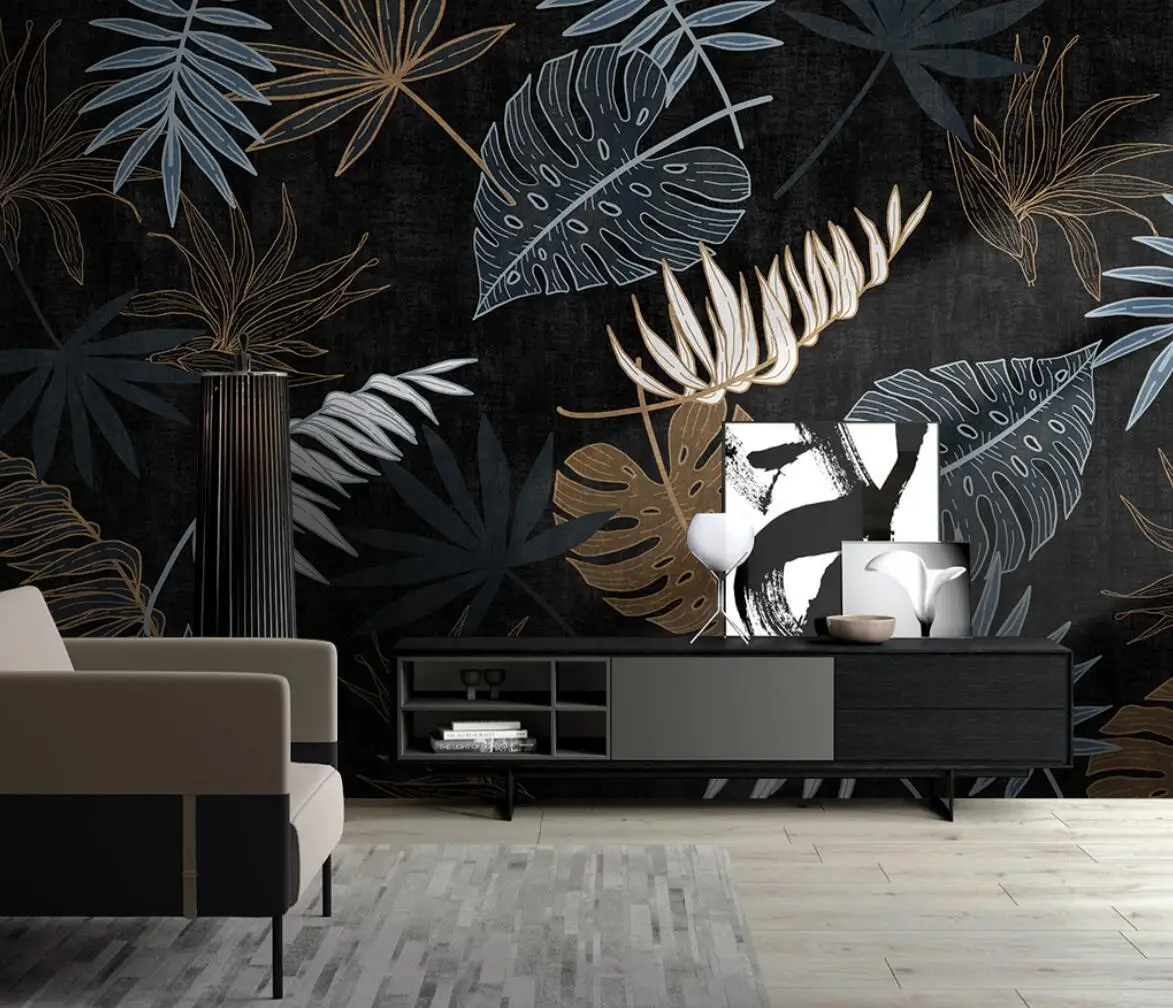 Custom Golden Tropical Leaves Photo Wallpaper Murals for Living Room Decor Home Wall Paper Decorative Mural Stickers