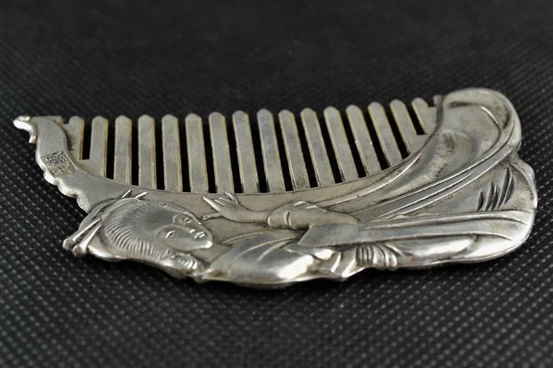 collectible Old china Miao Silver Hand-carved beauty Belle Usable Comb