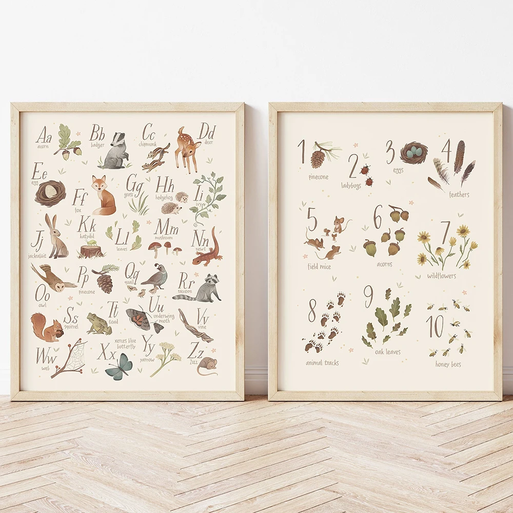 

Alphabet Numbers Nursery Poster Animal Child Wall Art Print Nordic Canvas Painting Woodland Picture Kids Baby Room Home Decor