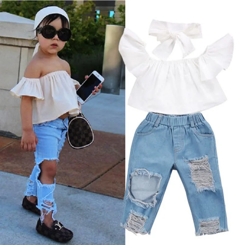 US Stock Fashion Toddler Girls Kids 2-6 Years Clothes Set Off Shoulder Tops Denim Pants Jeans Outfits Set Clothes 1-6Y