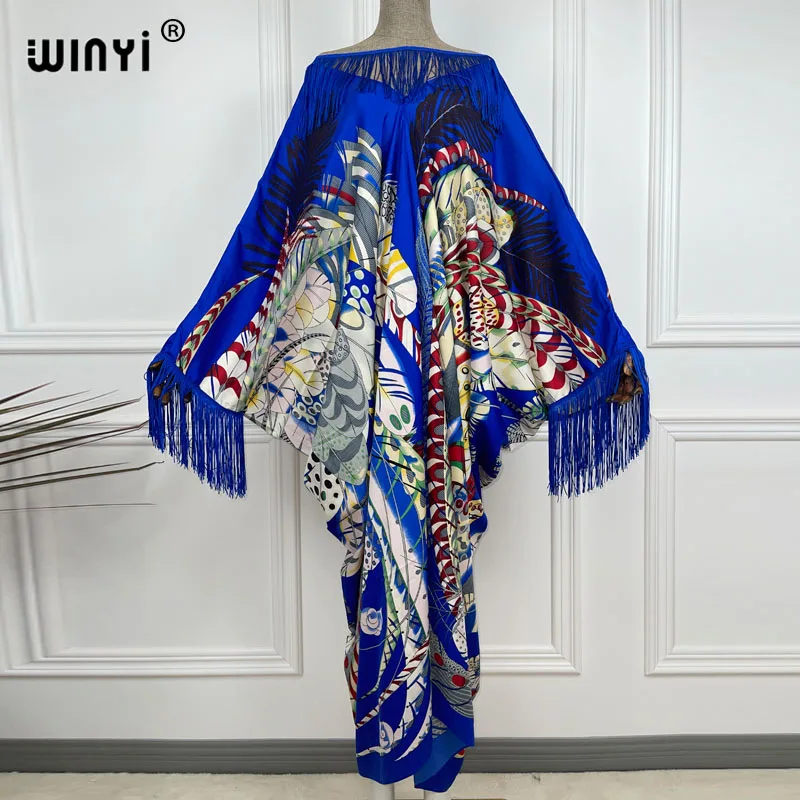 

WINYI tassels Spring sunmer Kuwait Vintage Maxi Dress party Women's Fashion Batwing Sleeve Flower Print Loose robe longue