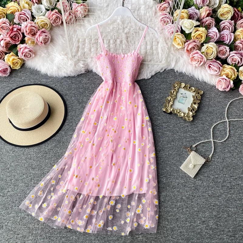 JMPRS Summer Beach Mesh Floral Dress Women Vintage Elegant Sexy Beach Sundress Woman Party Night Korean Kawaii Vestidos