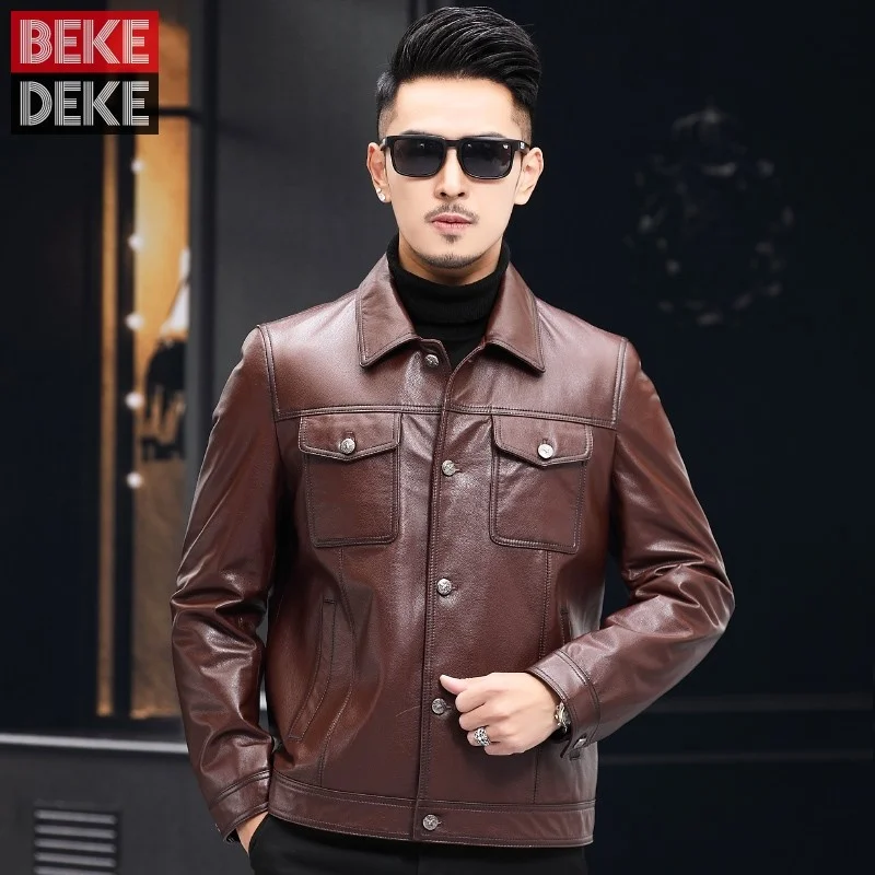 Men Business Single Breasted Cow Genuine Leather Jacket Office Work Suit Coat Male Luxury Fashion Slim Fit Short Cowhide Jacket