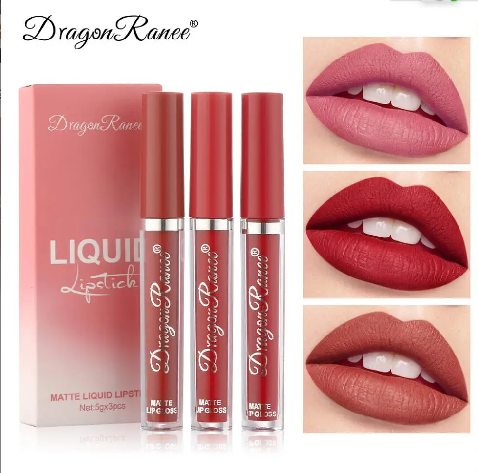 3Pcs Sexy Liquid Lipstick Set Matte Velvet Lip Gloss Milk Tea Bean Paste Glaze Moisturize Long Lasting Lip Tint Cosmetic T2045