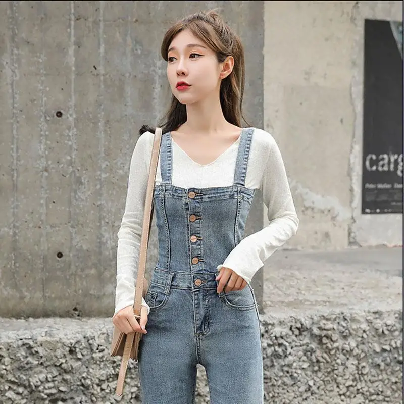 Jumpsuit Denim Ramping Pinggang Tinggi Wanita 2020 Musim Semi Gaya Korea Baru Longgar Ramping Lurus Overall untuk Wanita Longgar Longgar