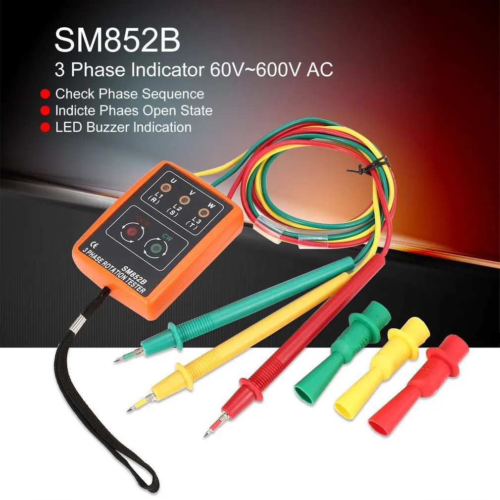 SM852B Phase Indicator 3 Phase Rotation Tester Digital Phase Indicator Detector LED Buzzer Phase Sequence Meter 60V~600V AC