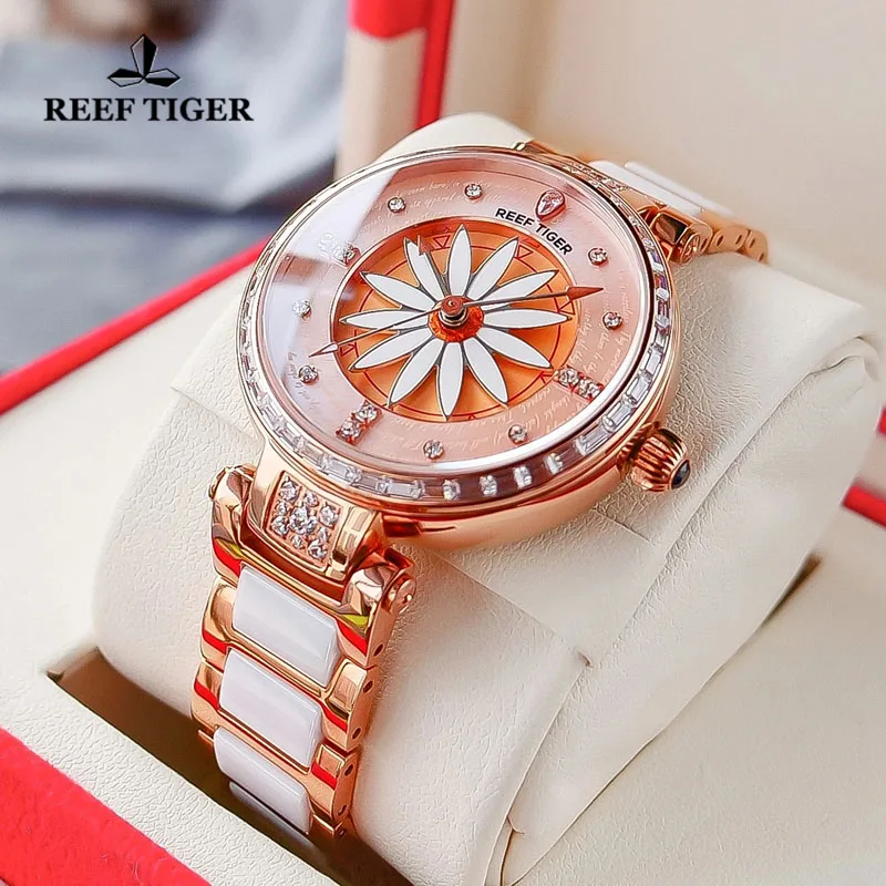 Reef Tiger/RT Luxury Elegant Lily Women Watch Rose Gold Diamonds Bezel Ceramic Strap Automatic Mechanical Lady Watches