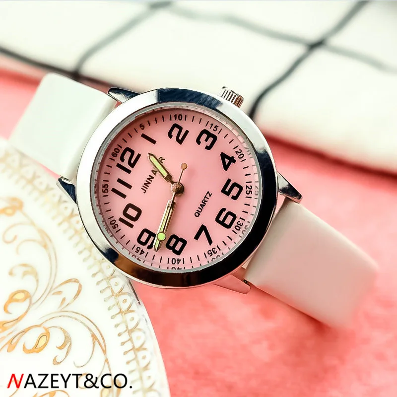 NAZEYT little boys girls cute pink face design semplice orologio al quarzo bambini PU leahter orologio da polso per bambini lancette luminose orologio regalo