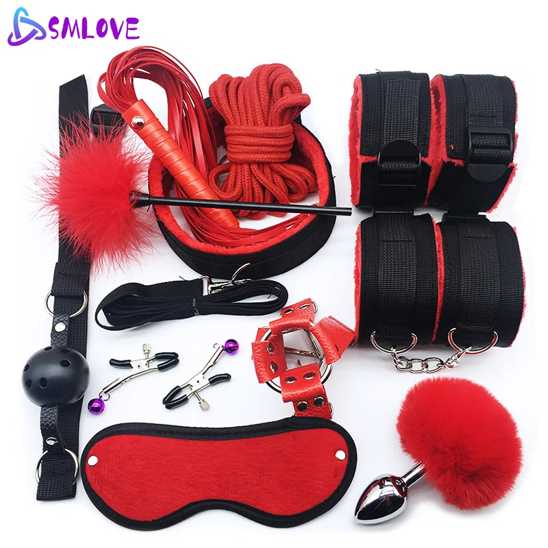 SMLOVE Sex Handcuffs Collar Whip Gag Nipple Clamps BDSM Bondage Rope Erotic Adult Sex Toys For Woman Couples Anal Butt Plug Tail