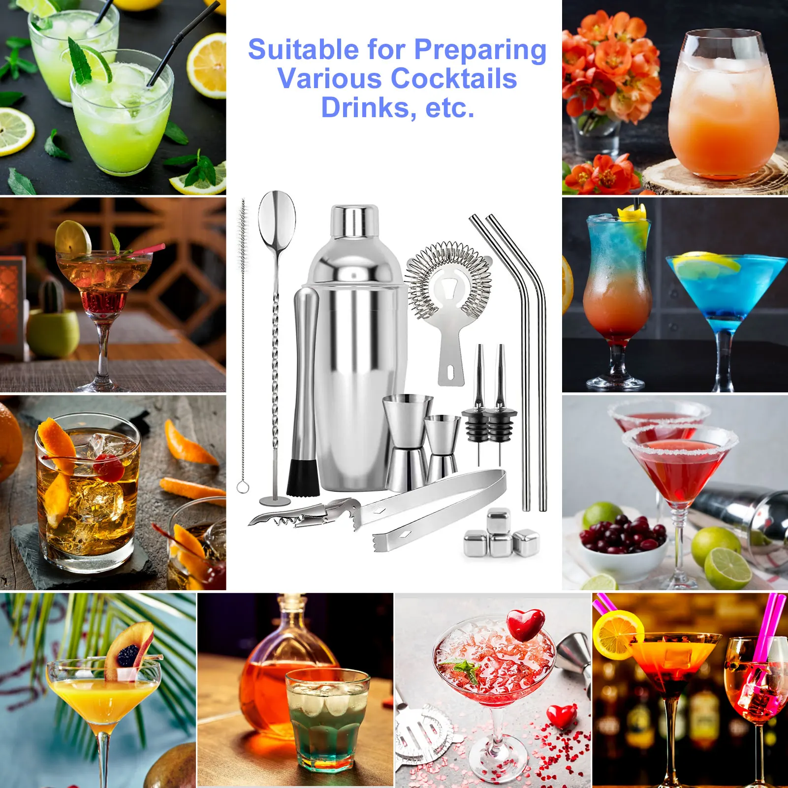 Cocktail Making Set Shaker Stainless Steel Bar Tool Bartender Kit ​with Display Stand Ice Cube Mixing Spoon Recipes Book Gift