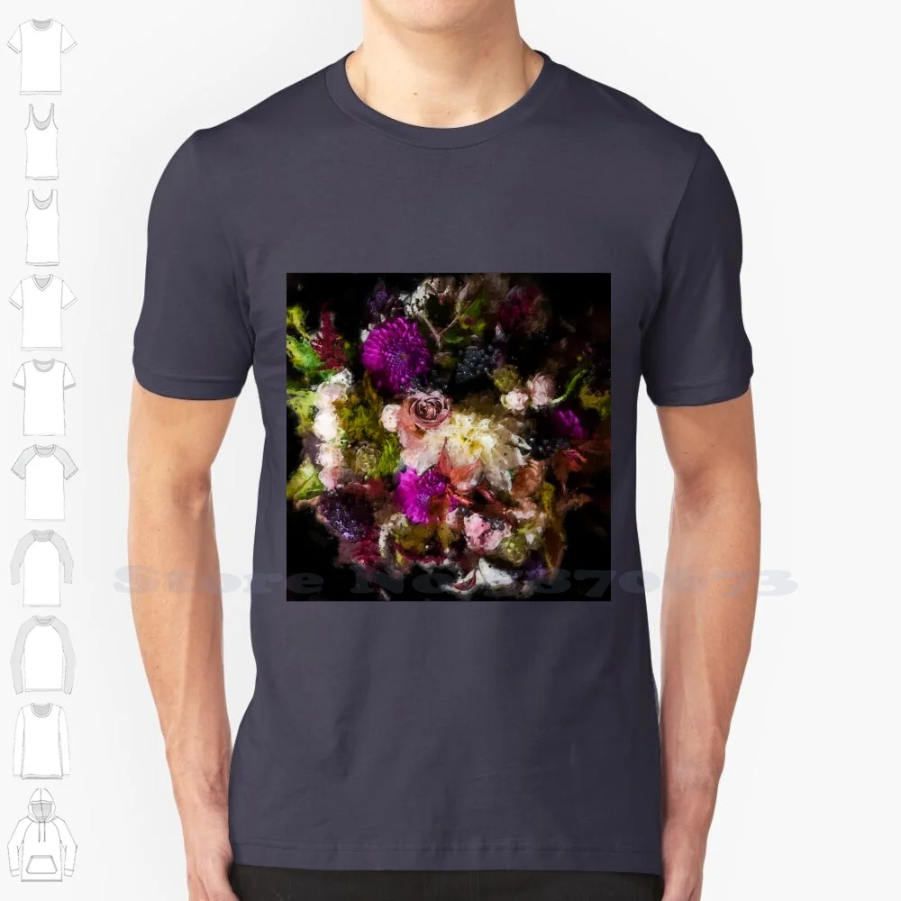 - Oil Painting Of Dahlias , Roses And Anemones In A Floral Bouquet 100% Cotton T-Shirt Roses Dahlias Purple Pink Cream Flowers