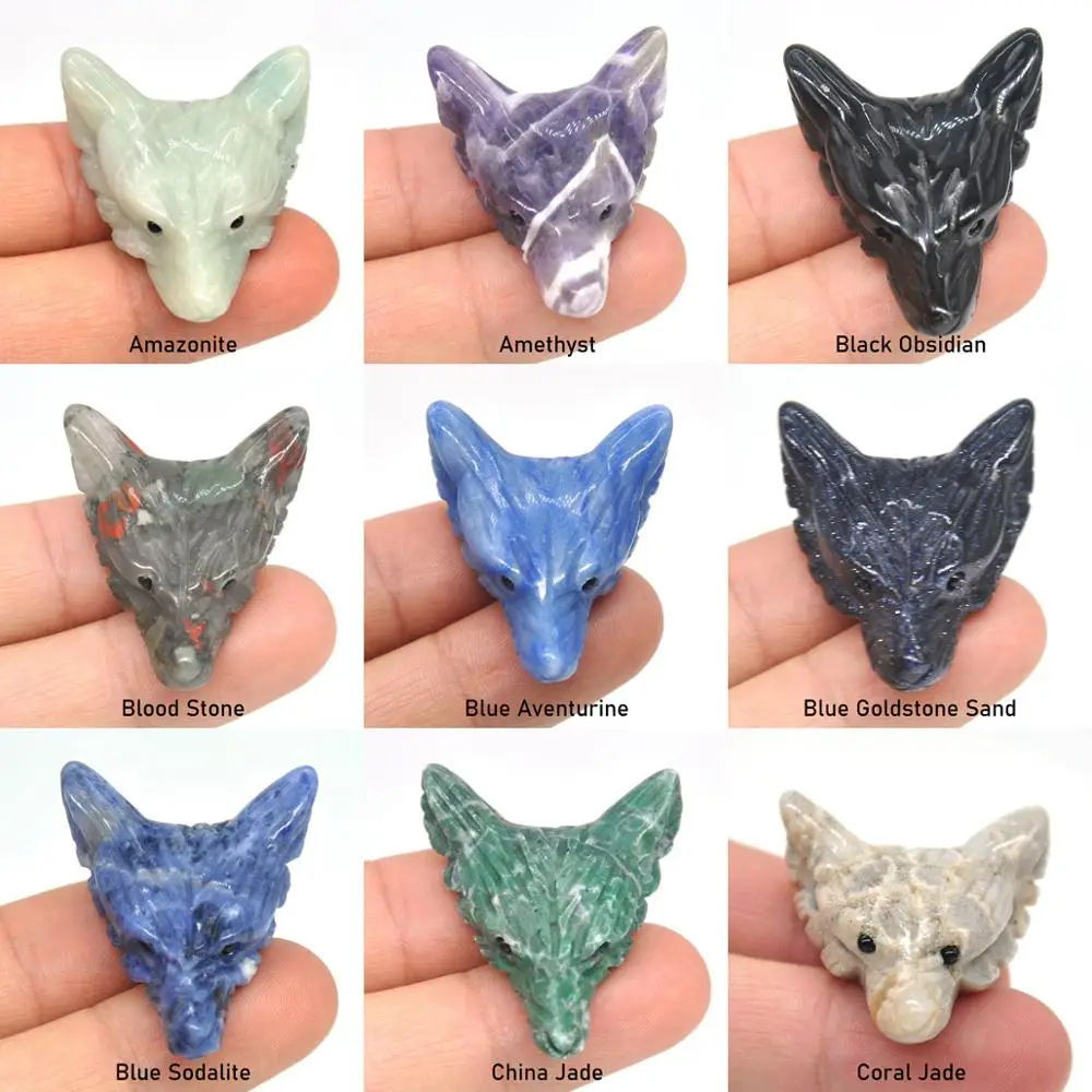 Hand Carved Wolf Head Gem Crystal Pendant Accessories DIY Handcrafts Animal Jewelry Quartz Necklace Jade Decoration