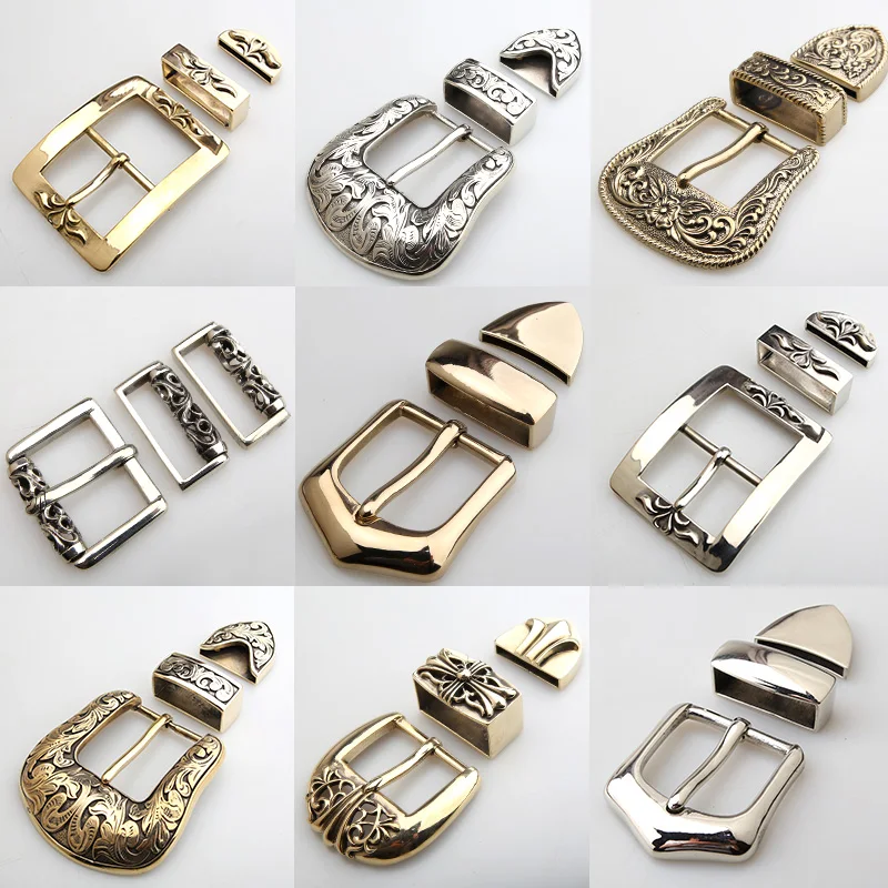 Style Silver Plated Metal Belt Buckle Men's Vintage Embossed Three Piece Pin Buckles DIY Leather Craft Buckle 3pcs/set