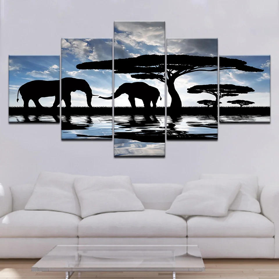 Canvas Painting 5 Panel Wall Art Modular Pictures Elephants Tree Print Poster Canvas for Living Room Home Decor Interior Artwork