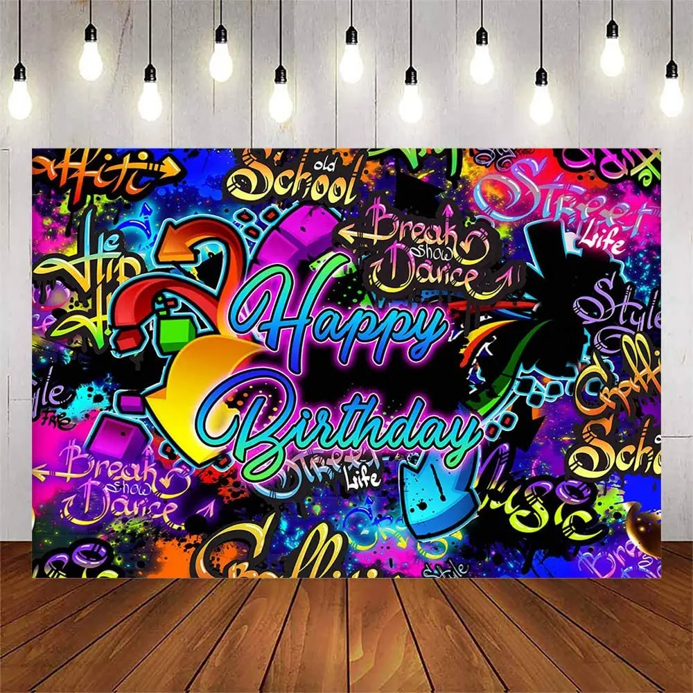 Photography Backdrop Neon Graffiti Birthday Retro Hip Hop  80s 90s Party Dark Glow Splatter Birthday Party Background Banner