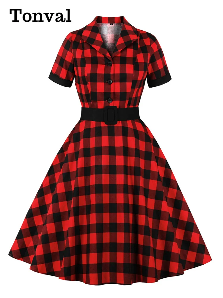 Tonval Women Cotton Rockabilly Vintage Belt Dress Turn-Down Collar Short Sleeve A-Line Summer Dresses Solid and Plaid