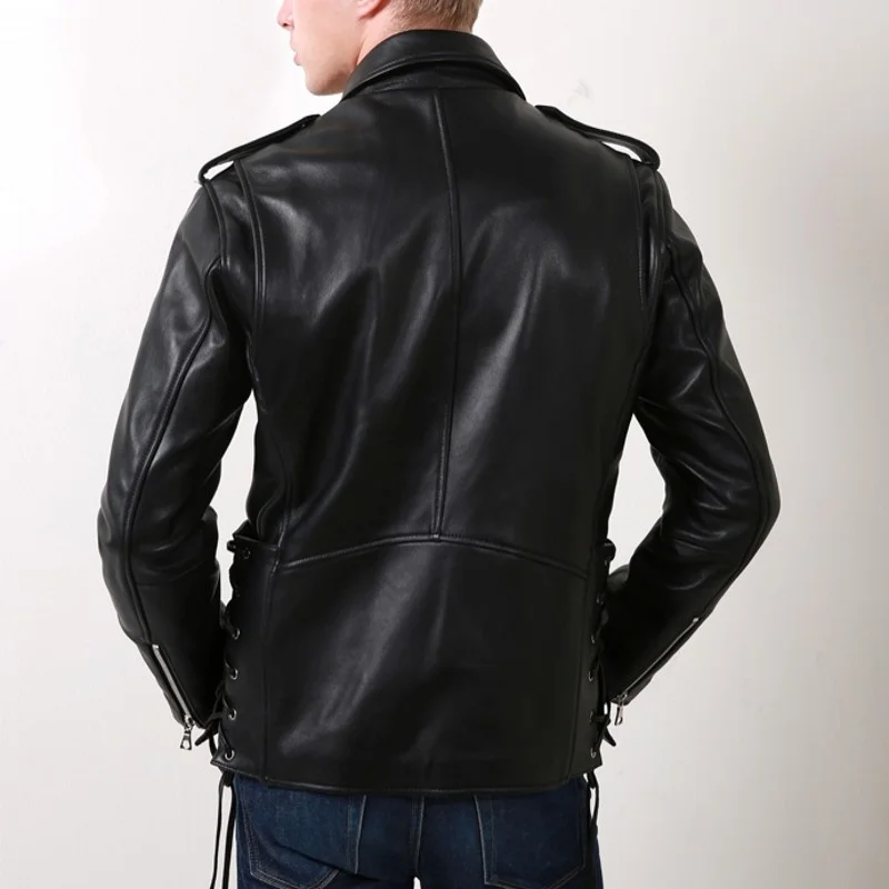 Leather Genuine Men Short Coat Solid Black Fashion Motorcycle Biker Jacket Top Brand Streetwear Sheepskin Slim Jacket Winter