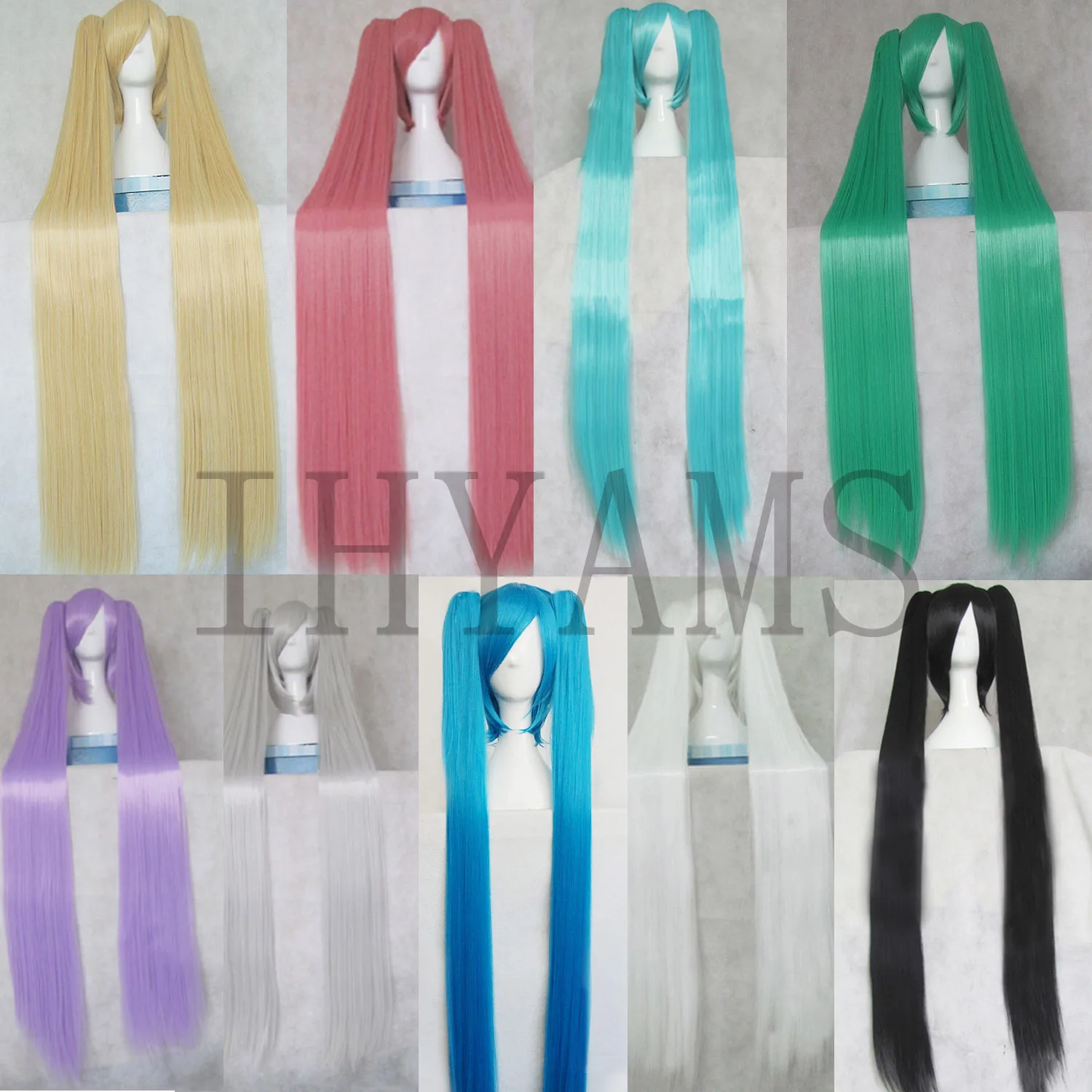 Miku 120cm Długi Złoty Różowy Niebieski Zielony Fioletowy Czarny Biały Proste Włosy Syntetyczne Kostium Cosplay Peruki Chip Kucyki + Czapka z peruką