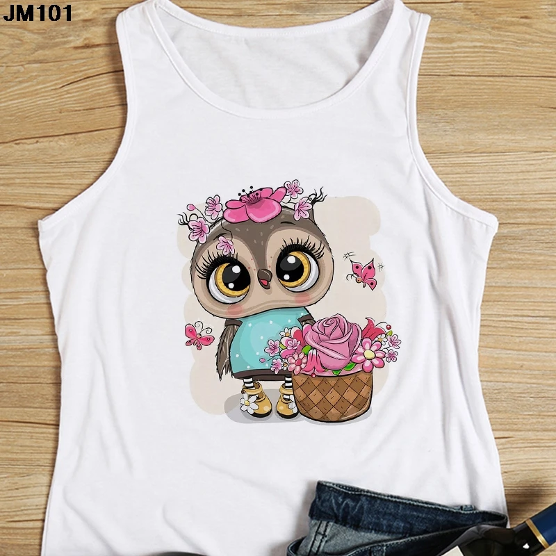 2021 Summer Top Women Sleeveless Tank Top White Round Neck Woman Regular Fit Wear Harajuku Cute Owl Printed T-shirt Camisole Tee