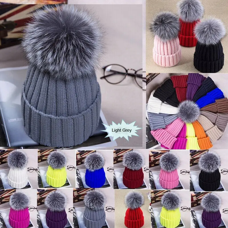 New Fashion Women Ladies Warm Winter Beanie Large Faux Fur Pom Pom Bobble Hat Knitted Ski Cap Black Blue White Pink