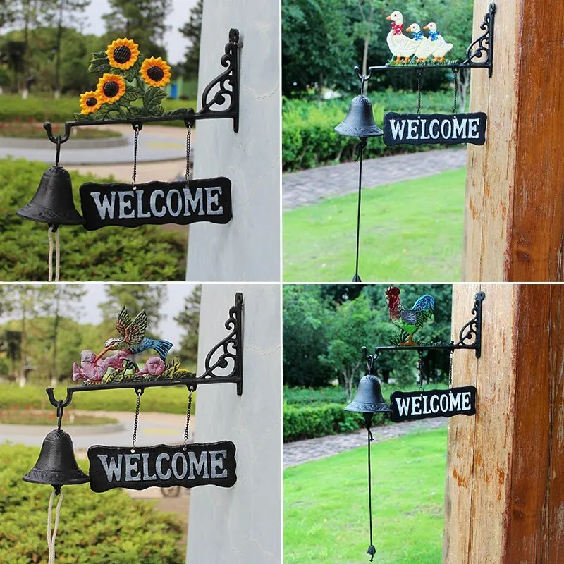 Nordic Country Retro Wrought Iron Welcome Doorbell Ornament Courtyard Garden Hand Bell Figurines Crafts Outdoor Villa Decoration