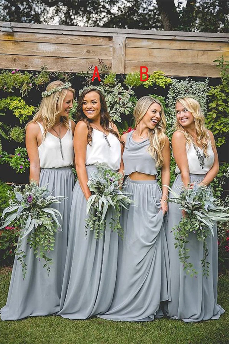 New Elegant Pretty Lovely Gray Blue Long A-Line 2 Pieces Simple Bridesmaid Dresses  robe de soirée de mariage