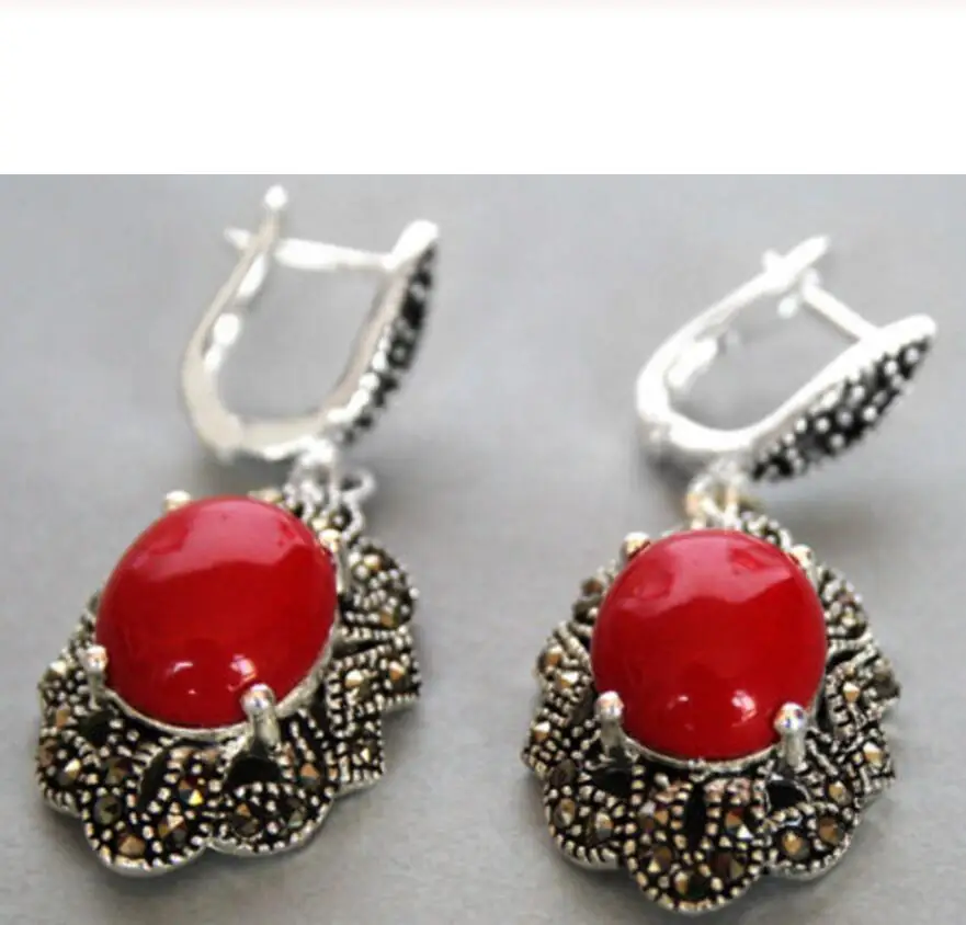 

Hot Sell Vintage 925 Sterling Silver Red stone Marcasite Dangle Hook Earrings