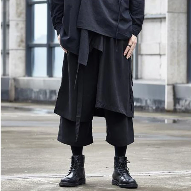 Men's trousers spring style casual slacks nine minutes men's culottes false two pieces of shorts Yamamoto style trend