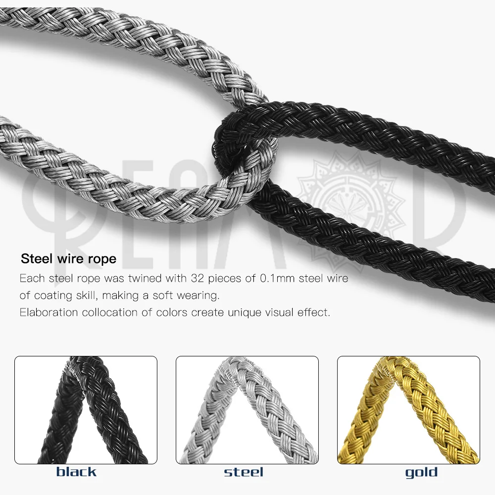 REAMOR DIY Stainless Steel Black Silver Color Steel Wire Rope Jewelry Findings 4mm/5mm Braided Leather Cords for Bracelet Making