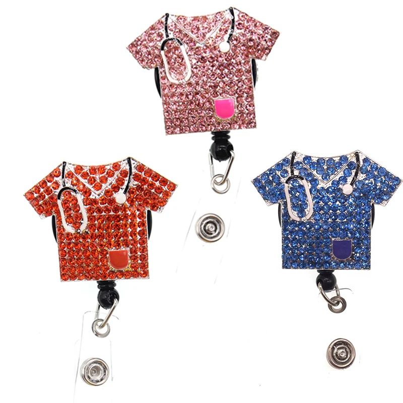 

10 pcs /lot Pink Blue and Orange Rhinestone Scrub Retractable Badge Holder For nurse Gifts ID Card Badge Reels