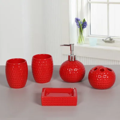 Wedding Gift for Bathroom/Red Ceramic Bathroom Supplies Kit/Toilet Wash Set/Soap Dispenser, Toothbrush Holder, Mouthwash Cu