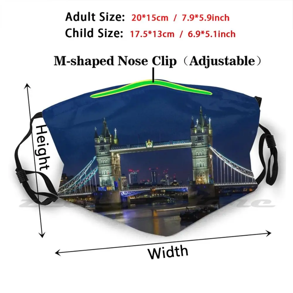 Tower Bridge Masker Doek Herbruikbare Print Filter Wasbare London Thames Tower Bridge Landmark Night