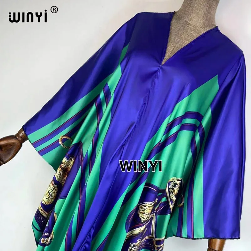 Bahrain high-quality hand-rolled twill fashion print 2021 WINYI Maxi women's robes long beach V-neck Bohemian dress