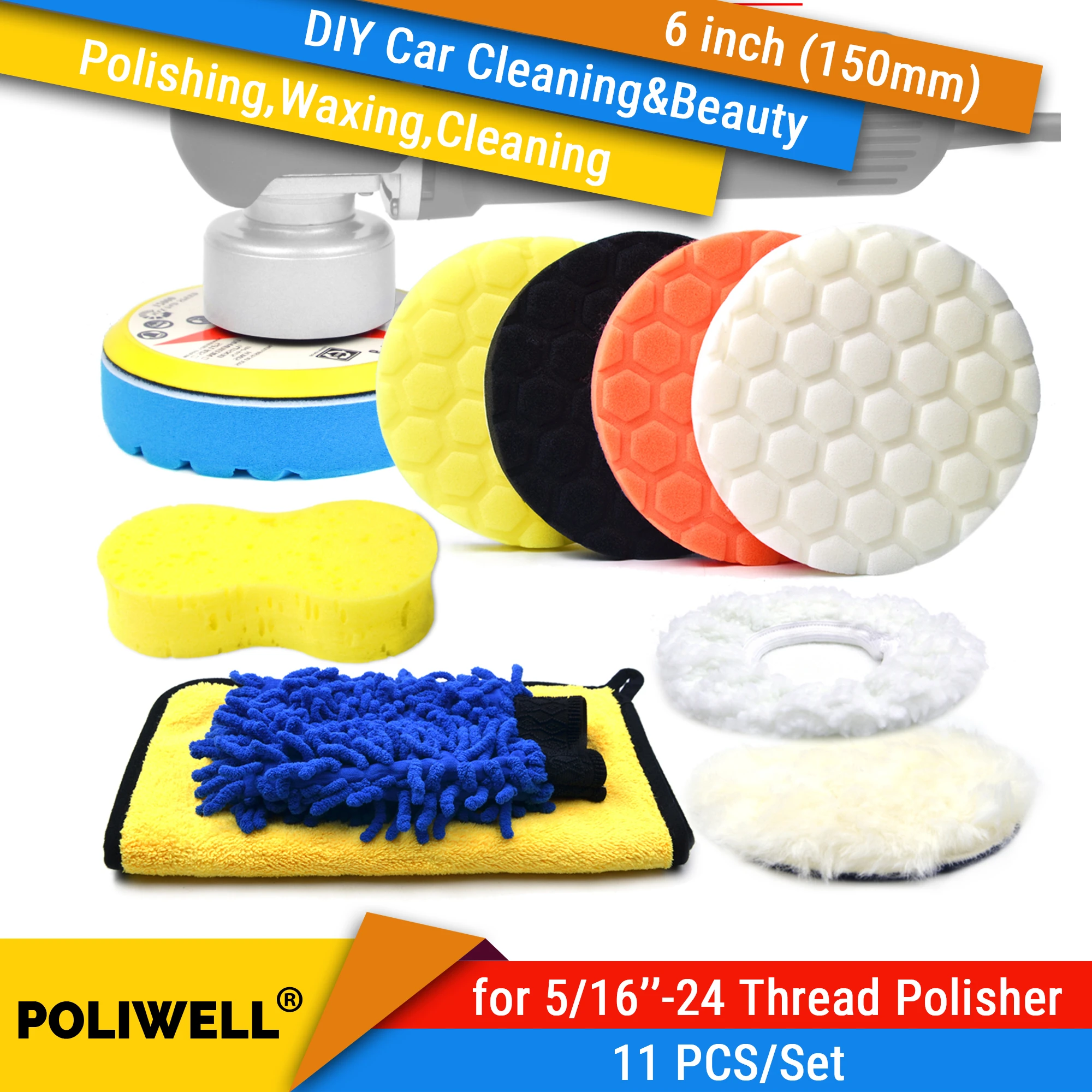 6 Inch Car Cleaning Polishing Kit 5/16”-24 Thread Backing Pad for Polisher Buffering Wool Bonnet Pad +Wash Mitt+Microfiber Towel