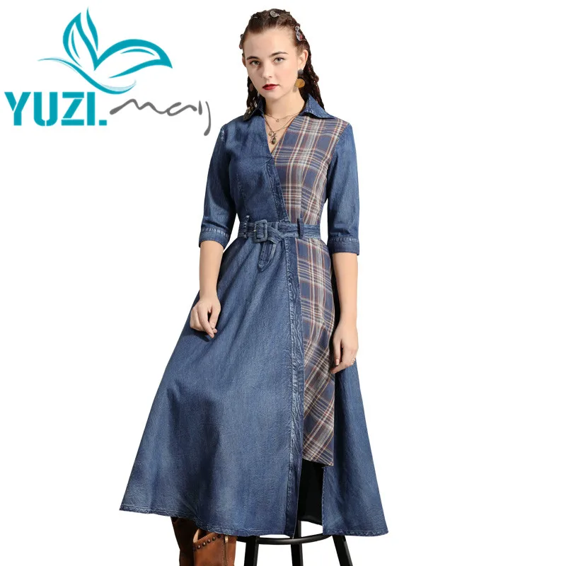 

Dress Women 2019 Yuzi.may Boho New Denim Women Dresses V-Neck Asymmetrical Plaid Patchwork Belted Vestidos A82191